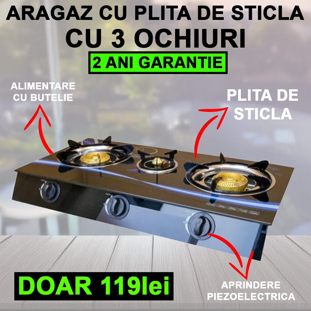 Aragaz cu plita din sticla si 3 ochiuri, alimentare GPL Butelie