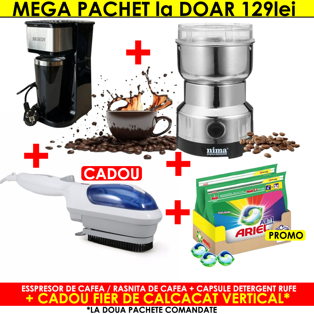 MEGA PACHET: Espressor de cafea / Rasnita de cafea + Capsule detergent rufe + CADOU fier de calcat vertical