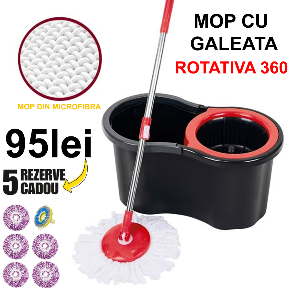 Set Mop Rotativ, Galeata 8L, Capat Microfibra Schimbabil, Sistem de Stoarcere, Negru/Rosu