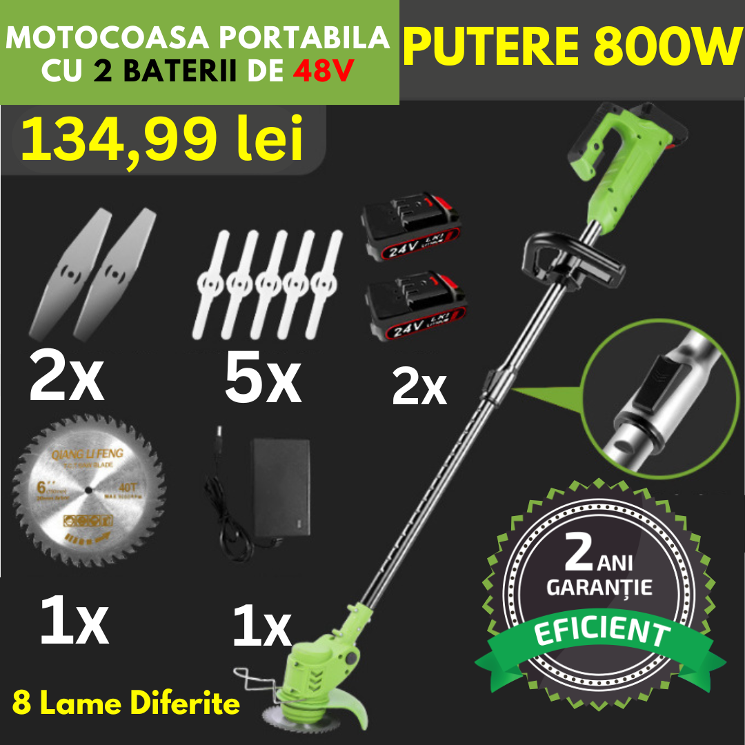 Motocoasa Portabila Cu 2 BATERII de 48V, Putere 800W, Cu Brat Extensibil, Pentru Gazon, 8 Lame Diferite