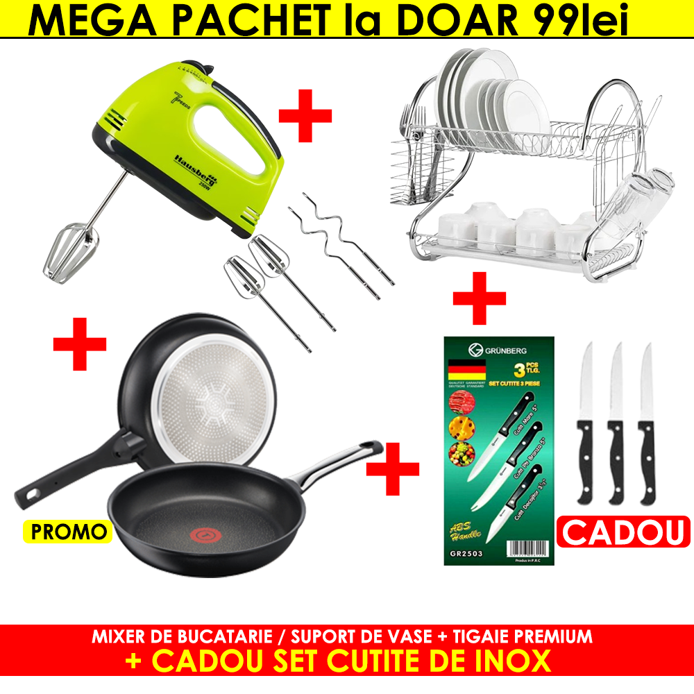 MEGA PACHET: Mixer de bucatarie / Suport de vase + Tigaie PREMIUM + CADOU un set de cutite de inox