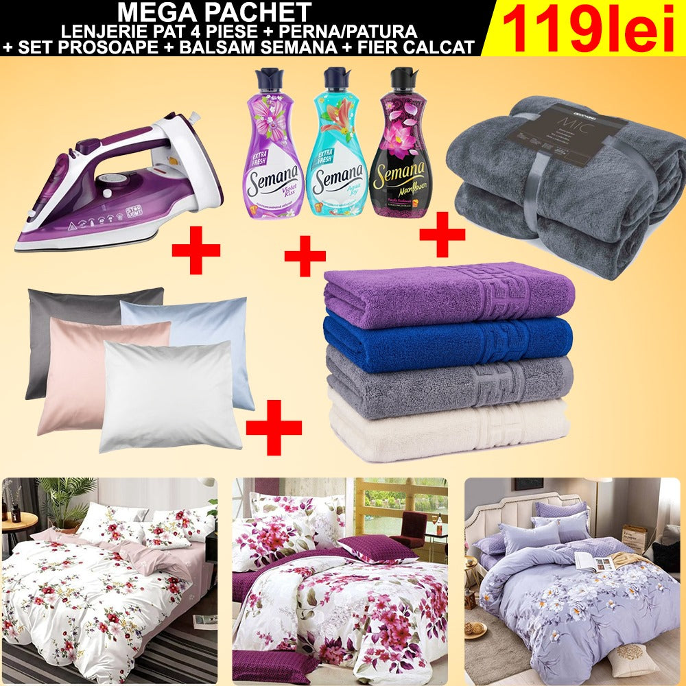 Set Lenjerie Deluxe 4 piese + Perna/Patura + Set prosoape cadou + Balsam rufe + Cadou Fier Călcat cu 2 ANI garanție oferit la achiziționarea a doua pachete