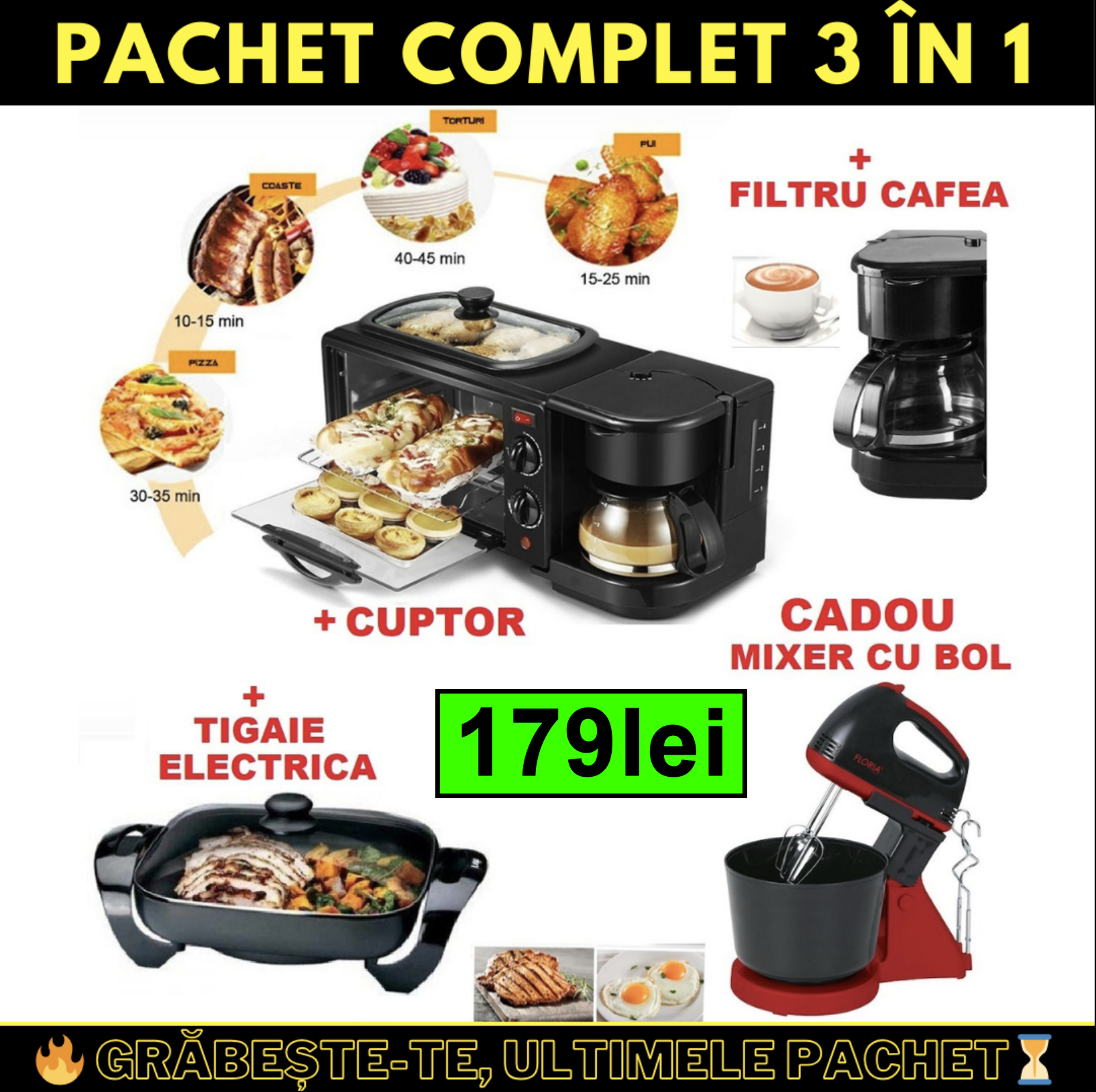 Pachet complet 3 in 1: Cuptor Electric, Tigaie Electrica & Filtru cafea