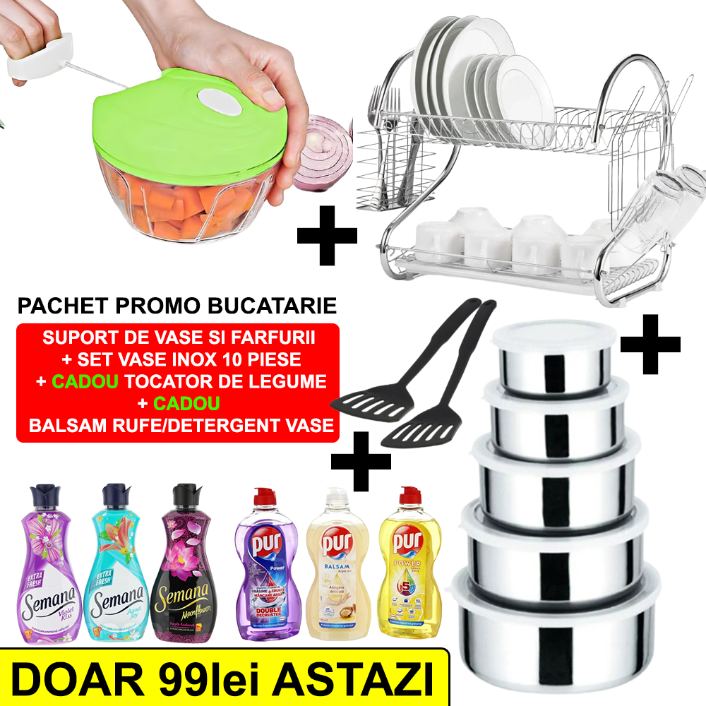 Pachet PROMO BUCATARIE: Suport de Vase si Farfurii + Set Vase Inox 10 piese + Cadou Tocator Legume  + Cadou Balsam Rufe/Detergent Vase