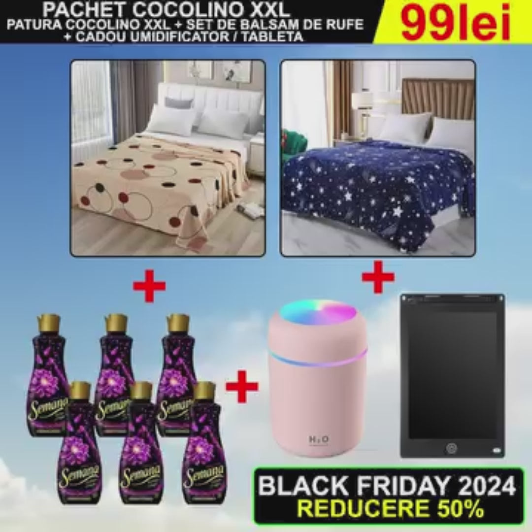 Pachet COCOLINO XXL la DOAR 99lei: Patura Cocolino XXL + SET Balsam de rufe + Umidificator / Tableta