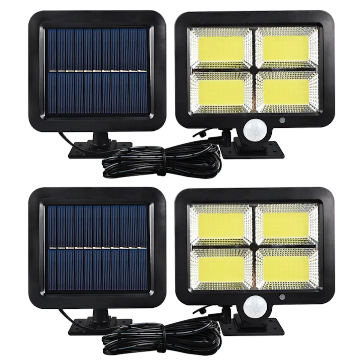 Set 2 Lampi Solare cu Panou solar, Nevermore, 30W, 128 COB LED, Cu Senzor de miscare si lumina, Cablu 5 m, Panou solar ajustabil, Impermeabila