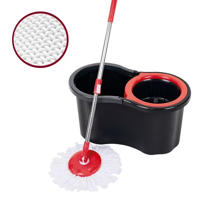 Set Mop Rotativ, Galeata 8L, Capat Microfibra Schimbabil, Sistem de Stoarcere, Negru/Rosu