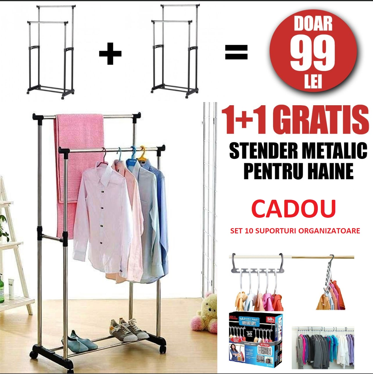 PACHET PROMO 2 X STENDER HAINE DUBLU METALIC + CADOU 10 SUPORTURI ORGANIZATOARE